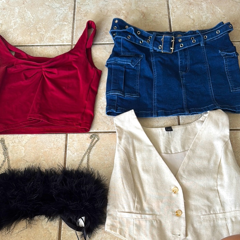 Red Crop Top and Denim Skirt Set